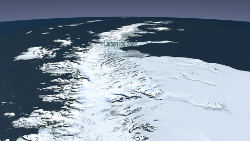 The Landsat Image Mosaic of Antarctica (LIMA) provides this “flyover” view of the Larsen Ice Shelf’s long reach out into the Weddell Sea.