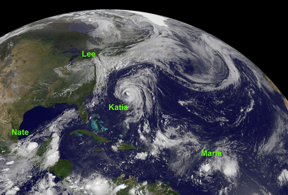 NOAA's GOES-13 satellite took a stunning image of 4 tropical systems in the Atlantic today, Sept. 8, 2011. Hurricane Katia in the western Atlantic between Bermuda and the U.S. East coast; Tropical Storm Lee's remnants affecting the northeastern U.S.; Tropical Storm Maria in the central Atlantic; and newborn Tropical Storm Nate in the Bay of Campeche, Gulf of Mexico. (Credit: NASA/NOAA GOES Project)