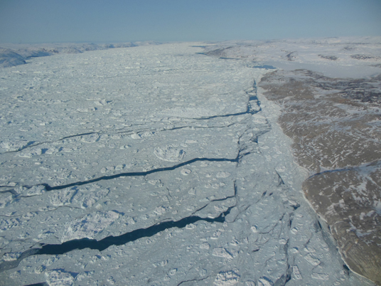 A view of sea ice with open leads of water. Credit: Christy Hansen