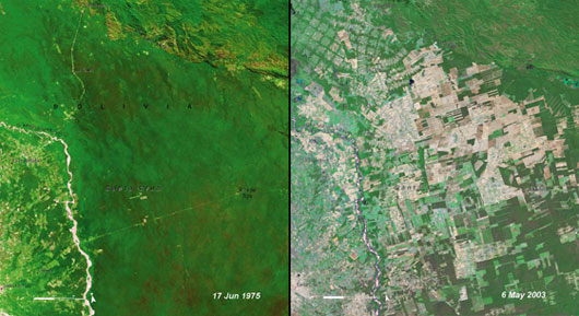 Deforestation, Bolivia. Left: June 17, 1975. Right: May 6, 2003. Credit: the United Nations Environment Programme (UNEP)