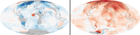 Global temperature changes over the past century. Left: 1880-1889. Right: 2000-2009. These maps compare temperatures in each region of the world to what they were from 1951 to 1980. Credit: NASA Goddard Institute for Space Studies/NASA Earth Observatory.