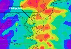 The TMPA rainfall map for Md., Del., and parts of N.C., Va., W.V., Pa., N.J., and N.Y. shows Irene's rainfall along the U.S. East Coast. A ground measurement in Elkridge, Md. south of Baltimore received about 5.25 in. (133 mm) of rain. The TMPA showed Elkridge received between 120-140mm of rain – the same range as measured on the ground. Nearby BWI airport recorded 4.69 in. (119mm) so TMPA provided an accurate estimate of Irene's rainfall in Md. Credit: NASA, Dr. James Acker