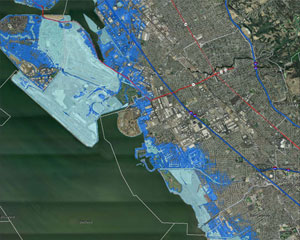 Extent of coastal flooding and erosion under one scenario of sea-level rise in the San Leandro area of northern California. Produced by the Pacific Institute, California Energy Commission, California Department of Transportation, and the Ocean Protection Council.