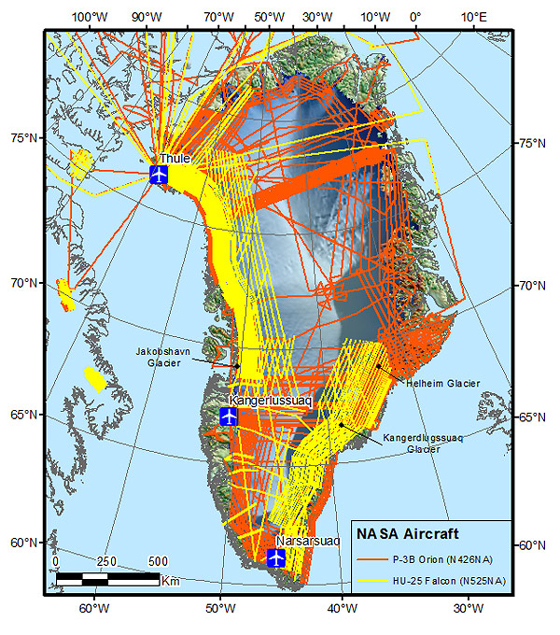 Map of Greenland with flight lines for both aircraft supporting the Arctic 2012 campaign. The planes will be based out of Thule and Kangerlussuaq, Greenland from mid-March through mid-May. On this map, the orange lines represent flights for the P-3B aircraft and yellow lines are the HU-25C. Credit: NASA/Michael Studinger