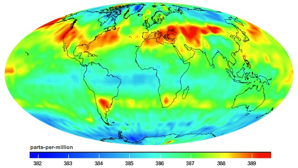 The average amount of carbon dioxide in the mid-troposphere (the lowest part of the atmosphere) during the month of July 2009. Data collected by NASA's Atmopsheric Infrared Sounder (AIRS) instrument in orbit around Earth. Credit: NASA/Jet Propulsion Laboratory.