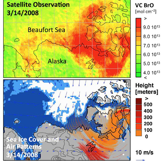 Bromine explosion observed by scientists at the University of Bremen on March 14, 2008 over Alaska and the Beaufort Sea (upper panel), using data from the German Aerospace Center (DLR)-developed Global Ozone Monitoring Experiment-2 (GOME-2) instrument aboard the European Organization for the Exploitation of Meterological Satellites (EUMETSAT) MetOp-A satellite. Credit: NASA-JPL/Caltech/University of Bremen/University of Washington