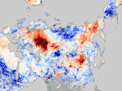This map shows temperature anomalies from July 20-27, 2010, compared to temperatures for the same dates from 2000 to 2008. The anomalies are based on land surface temperatures observed by the Moderate Resolution Imaging Spectroradiometer (MODIS) on NASA’s Terra satellite. Areas with above-average temperatures appear in red and orange, and areas with below-average temperatures appear in shades of blue. Oceans and lakes appear in gray. For more about this image, visit this page. Credit: NASA Earth Observatory