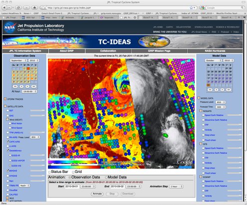 During the GRIP campaign, scientists used the JPL Tropical Cyclone-IDEAS website to see all the data being collected by airborne and satellite instruments and combine it indifferent ways. The window above shows the path of AIRS superimposed on a GOES satellite image hurricane Earl and Fiona on September 2, 2010. The colored dots link to AIRS measurements. The website, http://grip.jpl.nasa.gov/grip/index.jsp,continues to be an important tool for researchers and is also available to the public.