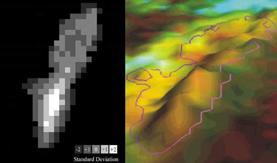 Left: A Landsat pixel-based map showing where the most change has been detected on Caryfort Reef between 1984 and 1996. Right: The spine of elevation shows where the most change has occurred; for Carysfort this change has been correlated with coral decline. Credit: Phil Dustan.