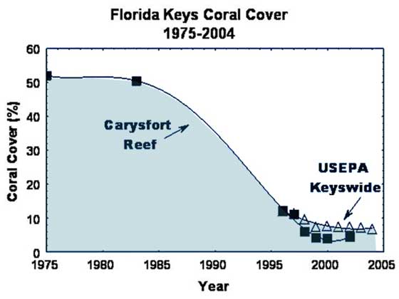 There was a 92 percent loss of living coral on Carysfort between 1975 and 2000. Credit: Dustan and Halas; FKNMS Coral Reef Evaluation and Monitoring Project.
