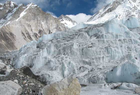 The icefall of Khumbu glacier, in the Nepali Himalayas, was one of Kimberly Casey’s fieldwork sites. It is also considered one of the most dangerous spots on the South Col route to Mt. Everest’s summit. Credit: NASA/GSFC/Kimberly Casey.