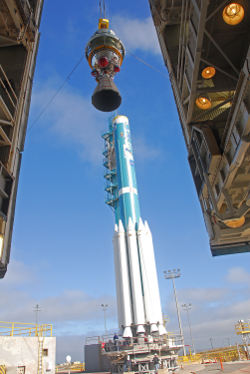 The second stage is being hoisted up onto the United Launch Alliance Delta II rocket that will launch NPP into orbit in October.Credit: NASA/Vandenberg Air Force Base