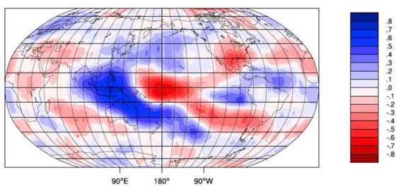 Patterns that relate changes in cloud-top height with El Niño/ La Niña indicators. Credit: University of Auckland/NASA JPL-Caltech