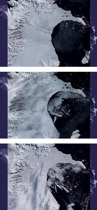 Some of the images taken by NASA's MODIS satellite sensor as the Larsen B ice shelf in Antarctica collapsed in early 2002. Credit: NASA/Goddard Space Flight Center Scientific Visualization Studio.