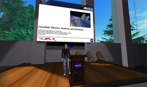 Matt and his second life. He gets ready to give his talk on NASA's CloudSat mission to a group of students.