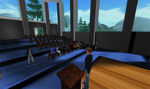 A student asks Matt a question in Second Life.