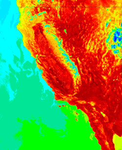 Land surface temperature image of Southern California obtained during a record-breaking spring 2004 heat wave.  In this image, obtained by the Moderate Resolution Imaging Spectroradiometer (MODIS) aboard NASA's Aqua satellite, extreme high surface temperatures nearing 150 degrees F are shown in dark red.