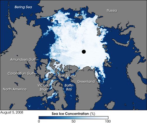 The Arctic as observed on August 5, 2008, by the Advanced Microwave Scanning Radiometer for EOS (AMSR-E) onboard NASA’s Aqua satellite. Blue indicates open water, white indicates high sea ice concentration and turquoise represents loosely packed sea ice. The black circle at the North Pole indicates no data as the satellite does not make observations directly over the pole. Image credit: NASA/Jesse Allen, using data obtained courtesy of the National Snow and Ice Data Center (NSIDC). Image from here.