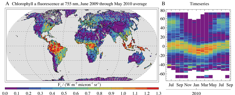 Figure 1. (a) Global map of plant chlorophyll fluorescence as measured by the GOSAT satellite from June 2009 to May 2010. The fluorescence is measured at a spectral wavelength of 757 nanometers and superimposed on a 2°x 2° grid. Areas of higher and lower plant activity can be seen in different parts of the world. (b) Time variations in the fluorescence signal given off by vegetation, from June 2009 to August 2010. A pronounced seasonal variation can be seen that reflects the growing season in the northern hemisphere and seasonal vegetation shifts in the tropics.