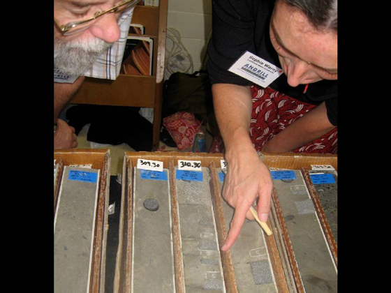 Palynologist and study co-author Sophie Warny (Louisiana State University) and Ian Raine (GNS, New Zealand), examine some of the ANDRILL sediment core samples used in the Nature Geoscience Antarctica study. Warny is pointing at one of the intervals rich in pollen and algae found at around 1,017 feet (310 meters) below the seafloor. Credi: Louisiana State University