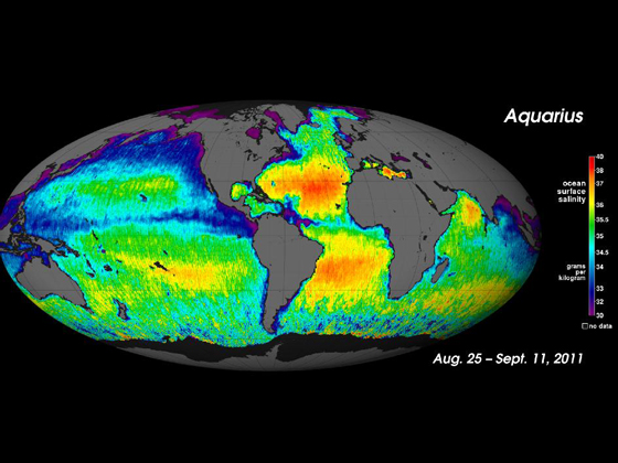 NASA's Aquarius instrument has been orbiting the Earth for a year, measuring changes in salinity, or salt concentration, in the surface of the oceans. The Aquarius team released last September this first global map of ocean saltiness, a composite of the first two and a half weeks of data since the instrument became operational on August 25. Credit: NASA/GSFC/JPL-Caltech.