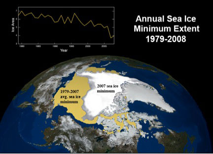 Annual Arctic sea ice minimum extent as seen from space. ‘Sea ice minimum extent’ refers to the smallest amount of ice coverage in the Arctic, which occurs each year during the Arctic summer when temperatures are highest. Courtesy of Waleed Abdalati, University of Colorado.