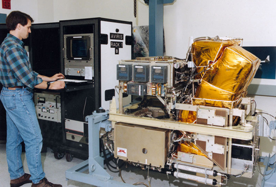 The NASA-developed Airborne Visible/Infrared Imaging Spectrometer, or AVIRIS, shown here undergoing pre-flight checkout, was carried aboard NASA's high-flying ER-2 to monitor the diurnal evapotranspiration and vegetation canopy water content changes. Credit: NASA Ames Research Center.
