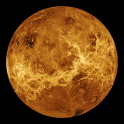 <b>Too much greenhouse effect:</b> The atmosphere of Venus, like Mars, is nearly all carbon dioxide.  But Venus has about 300 times as much carbon dioxide in its atmosphere as Earth and Mars do, producing a runaway greenhouse effect and a surface temperature hot enough to melt lead.