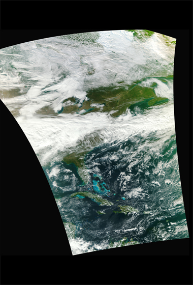 A high-resolution version of the first VIIRS image created the NASA NPP Team at the Space Science and Engineering Center, UW-Madison. Credit: NASA/NPP Team.