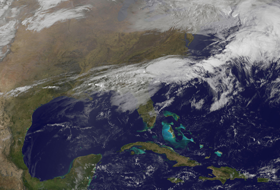 This GOES-13 satellite image was captured on March 1, 2012 at 1301 UTC (8:01 a.m. EST). The clouds associated with the powerful weather front that generated severe storms on Feb. 29, were now located over the southeastern U.S. from eastern Texas, east to the Carolinas. Severe weather is possible again today from the Ohio Valley to the Tennessee Valley and east to the Atlantic Ocean. Credit:NASA/NOAA GOES Project.