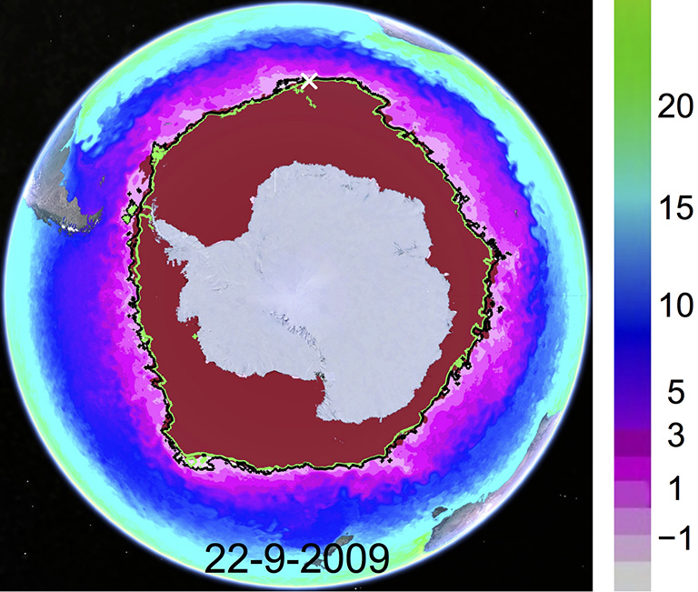 Map of sea surface temperatures (in degrees Celsius) combined with sea surface temperature contour lines for -1 degree Celsius (black) and -1.4 degrees Celsius (green), plotted atop a National Ice Center map of the extent of Antarctic sea ice on Sept. 22, 2009. Credit: NASA/JPL-Caltech.