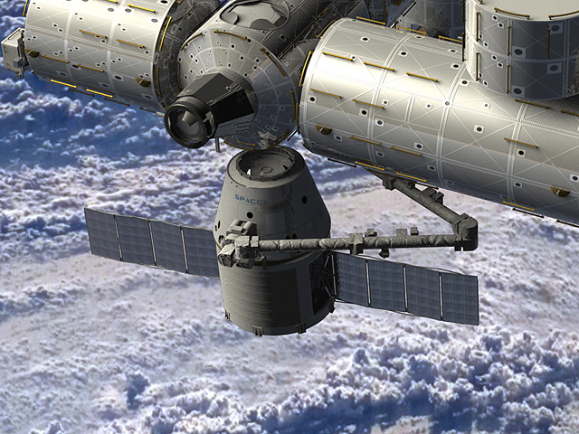 An artist’s rendering of a SpaceX Dragon spacecraft being berthed to the International Space Station. RapidScat will be carried by the SpaceX CRS-4 Dragon to the International Space Station in spring 2014. Credit: NASA.