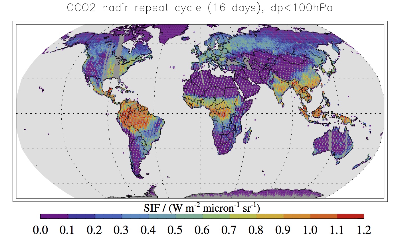 Simulated map showing typical fluorescence data expected from NASA's Orbiting Carbon Observatory-2 satellite. The information will be used to infer details about the health and activity of vegetation on the ground. Credit: NASA/JPL-Caltech/NASA Earth Observatory