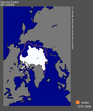 Daily Arctic sea ice extent on September 12 was 5.10 million square kilometers (1.97 million square miles). The orange line shows the 1979 to 2000 median extent for that day.