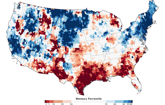 Measurements of underground water storage (aquifers)—rather than surface water (lakes, rivers, etc.)—reveal the long-term effects of drought. This map shows ground water conditions in the U.S. during the week of November 28, 2011, compared to the long-term average. A time-series animation shows the evolution of ground water from 2002 to 2012. (Map by Chris Poulsen, National 

Drought Mitigation Center, based on data from the GRACE science team.)