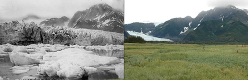 The retreat of Pedersen Glacier in Alaska. Left: summer 1917. Right: summer 2005. Credit: 1917 photo captured by Louis H. Pedersen; 2005 photo taken by Bruce F. Molnia. Source: The Glacier Photograph Collection, National Snow and Ice Data Center / World Data Center for Glaciology.