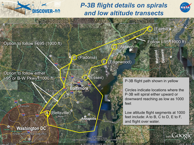 This map shows the P-3B flight path (in yellow) over Maryland. Circles indicate locations where the P-3B will spiral either upward or downward reaching as low as 1000 feet. Credit: NASA