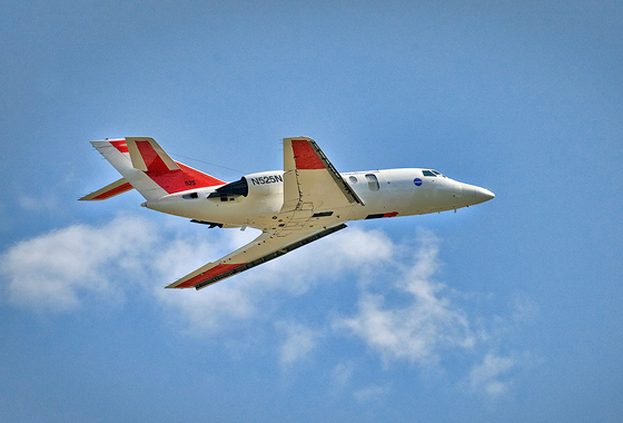 NASA Langley's HU-25C research airplane takes off from the adjacent Langley Air Force Base in Hampton, Va. Credit: NASA/Sean Smith