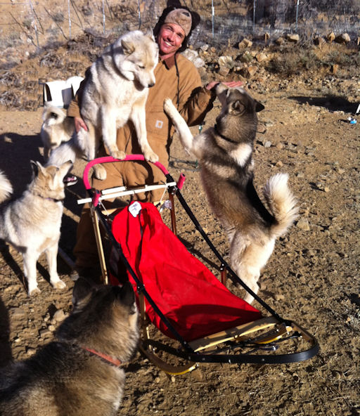 California dog driver Tony Phillips poses with his new sled near Mammoth Mountain. In winter 2011 this spot was covered by several feet of snow; in 2012 it is bare dirt.