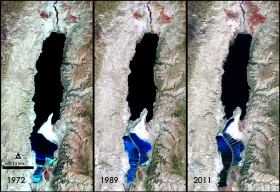 This false-color image was captured by the Landsat 1, 4 &amp; 7 satellites. Visible is the Lisan Peninsula (bottom center) that forms a land bridge through the Dead Sea. Deep waters are dark blue, while pale blue shows salt ponds and shallow waters to the south. The pale pink and sand-colored regions are desert lands. Denser vegetation appears bright red. Credit: NASA/Landsat.