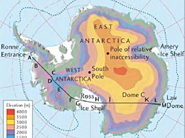 The Antarctic ice sheet. East Antarctica is much higher in elevation than West Antarctica.