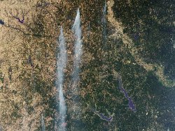 NASA's MISR instrument on the Terra spacecraft captured this image of wildfires burning throughout eastern Texas on Sept. 5, 2011.