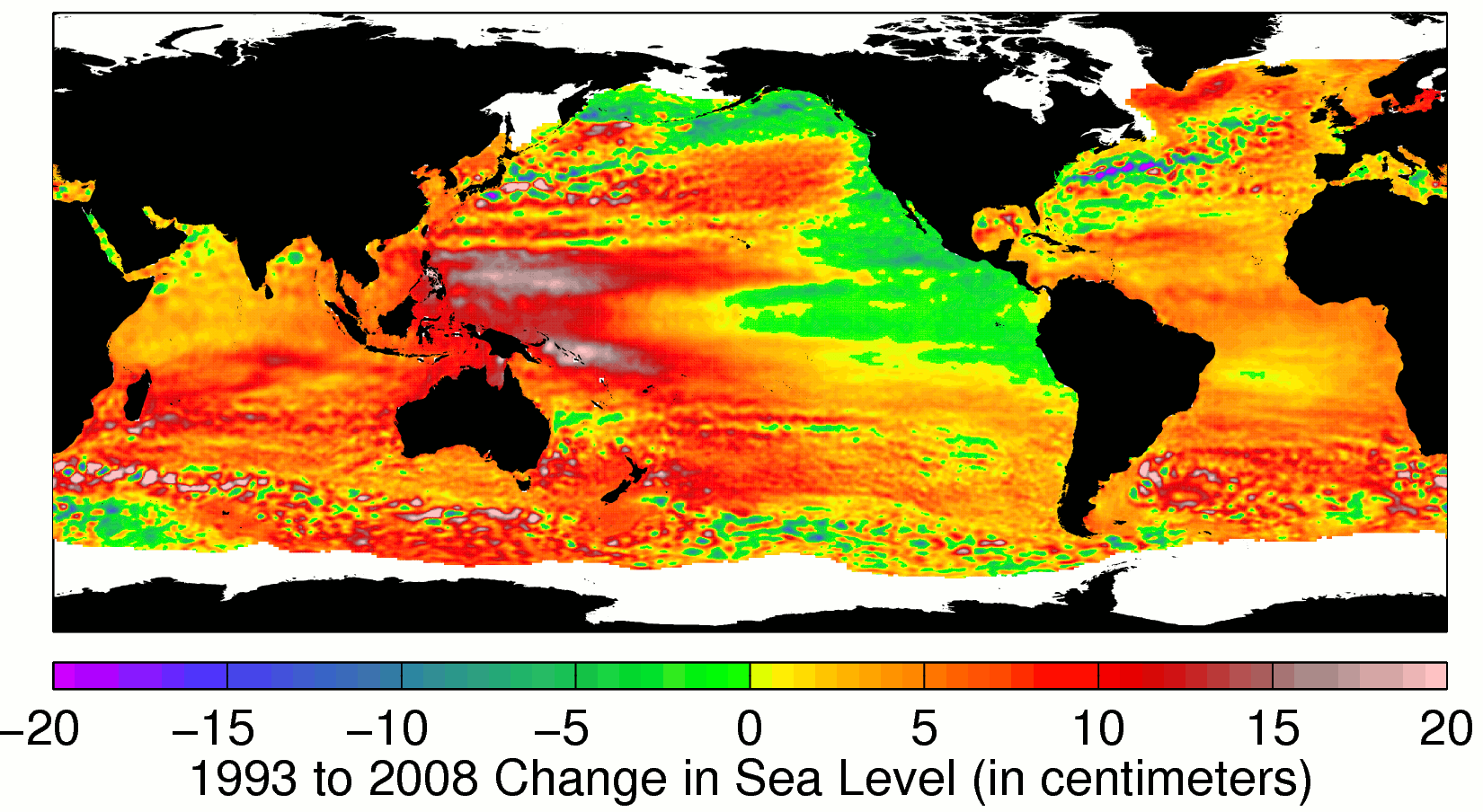 The change in the world’s sea level between 1993 and 2008. Black areas are land; colored are the oceans. Yellow and red regions show rising sea level, while green and blue regions show falling sea level. White regions are missing data during parts of the year. Nearly everywhere, sea level is rising, and the global average is clearly rising fast. But the patterns of sea level change (the regional variations) are complicated. Credit: Altimeter data products include data from TOPEX/Poseidon, Jason-1 and Jason-2 and other satellites. Data products come from Ssalto/Duacs, distributed by Aviso, with support from CNES.