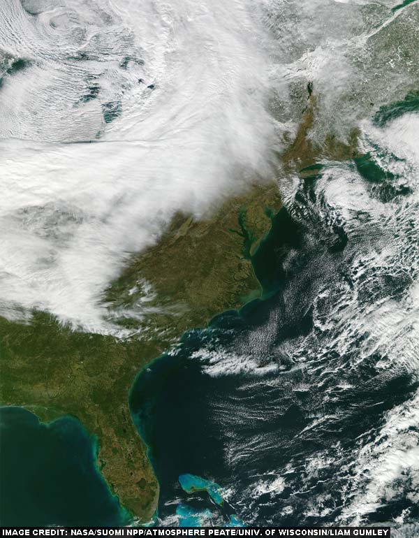 A 'true-color' image of the Eastern United States taken on January 19, 2012. This image was taken between 5:57 pm USA EST and 6:04 pm USA EST. (Image credit: NASA/Suomi NPP/Atmosphere PEATE/Univ. of Wisconsin-Madison/Liam Gumley)