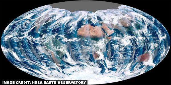 From its vantage 512 miles above Earth, the Visible Infrared Imager Radiometer Suite (VIIRS) on the new Earth-observing satellite gets a complete view of our planet every day. This image from November 24, 2011, is the first complete global image. Rising from the south and setting in the north on the daylight side of Earth, VIIRS images the surface in long wedges measuring1,900 miles across. The swaths from each successive orbit overlap one another, so that at the end of the day, the sensor has a complete view of the globe. The Arctic is missing because it is too dark to view in visible light during the winter. (Image credit: NASA Earth Observatory)