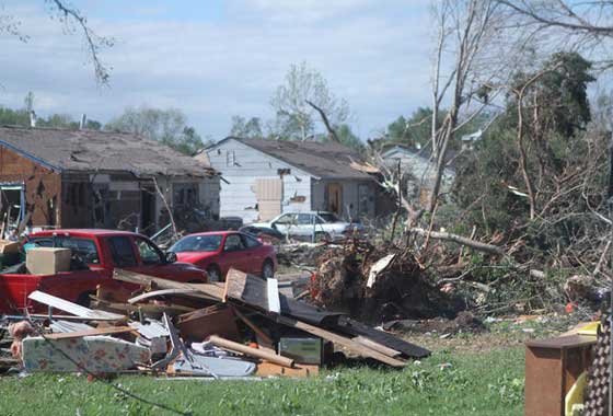 Damage left behind from the tornadoes that struck Wichita, Kansas on April 14, 2102. On April 15, media, Governor Brownback, Mayor Carl Brewer and other city and state officials toured damages. Image courtesy KWCH-TV/ Tim VanderZwaag, Wichita, Ks.