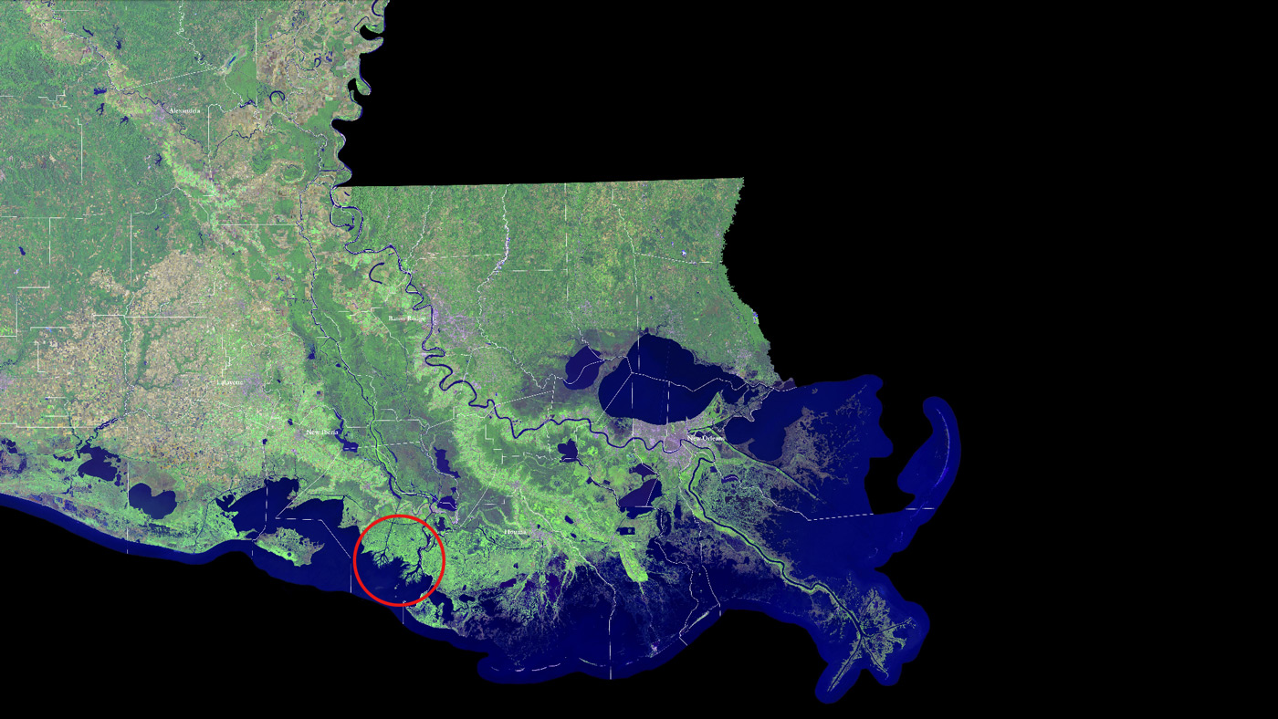 A satellite view of the Louisiana coastline.