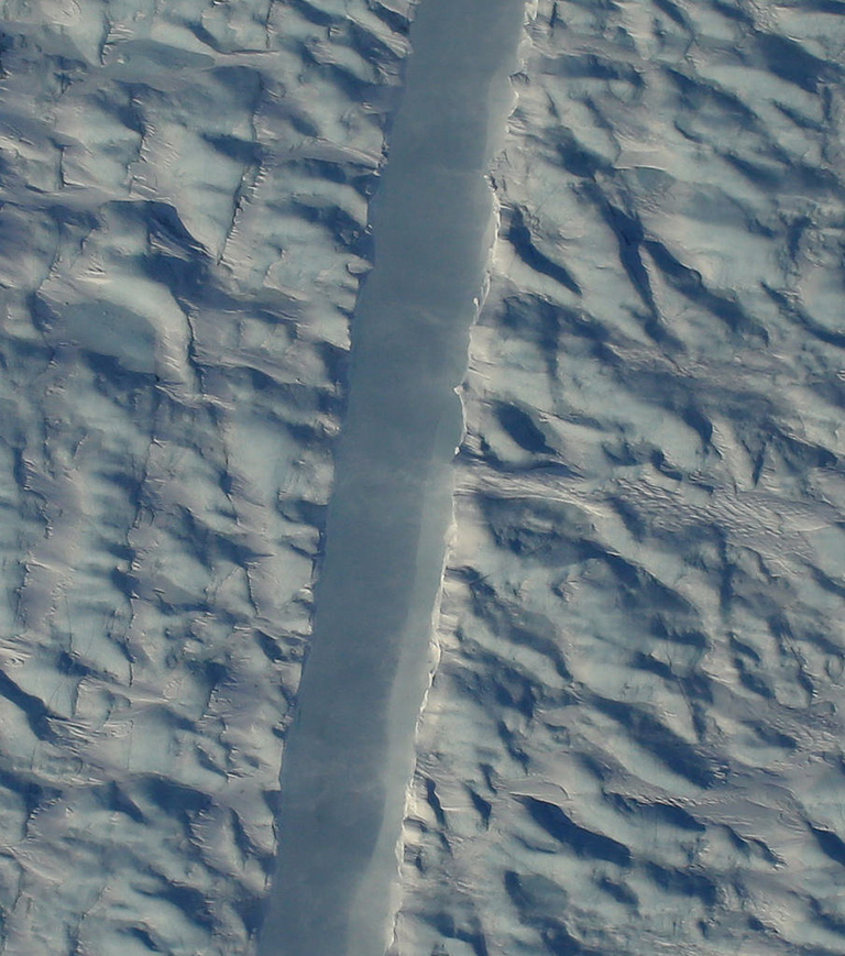 Operation IceBridge flew over a new crack in Petermann Glacier, one of the largest and fastest-changing glaciers in Greenland, on April 14, 2017, just a few days after the rift was detected in satellite imagery.