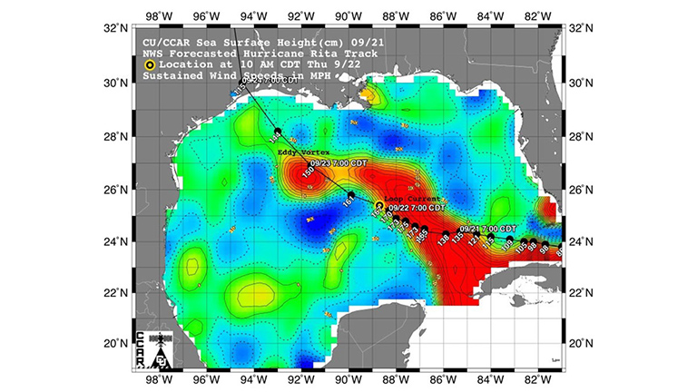 Jason-1 data contributed to this forecast of Hurricane Rita's track across the Gulf of Mexico in 2005.