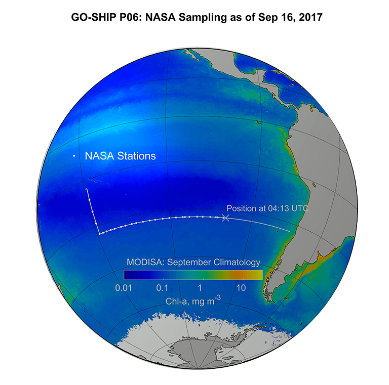 MODIS chlorophyll concentrations indicating phytoplankton, with the R/V Nathaniel B. Palmer’s ship track superimposed